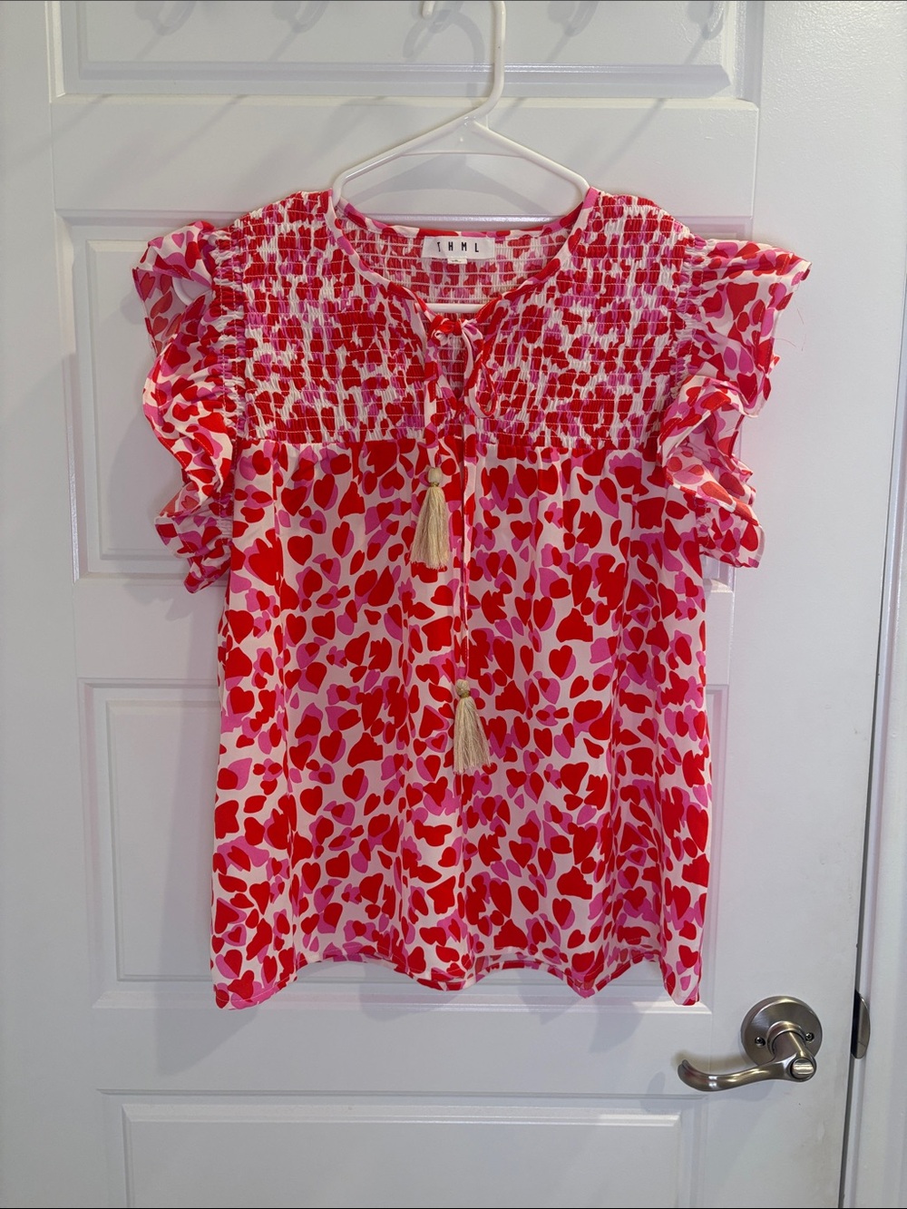 THML Pink Red Heart Print Smocked Blouse Tassel Tie Flutter Sleeve Top Size S
